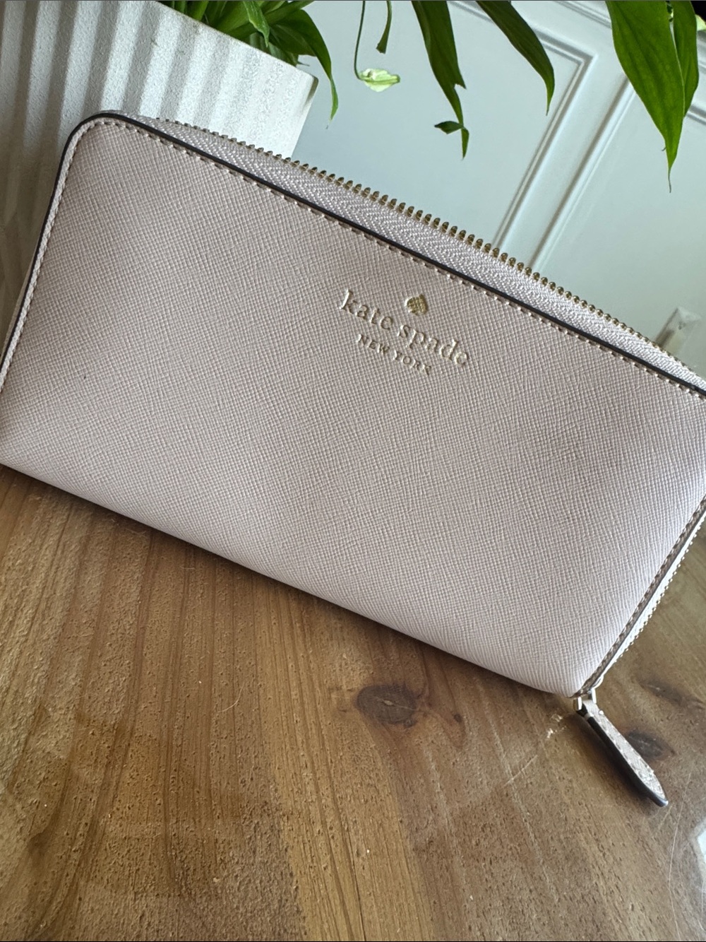 kate spade Blush Zip-Around Saffiano Wallet with Gold Logo